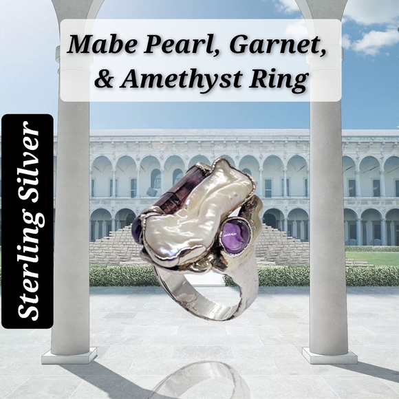 .Mabe Pearl, Garnet, & Amethyst Sterling Silver Ring - Picture 2 of 8
